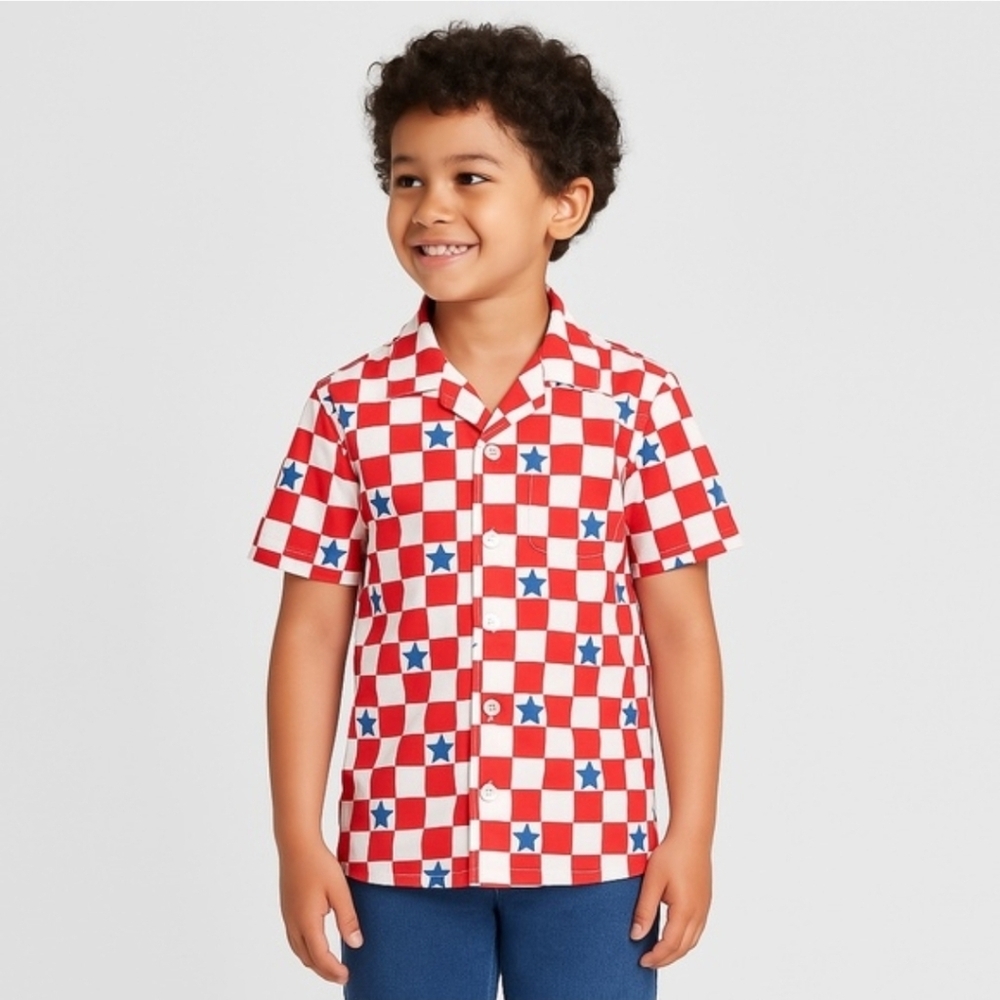 Cat & Jack Checked Red & White With Blue Stars Collared Button Down Shirt - NWT